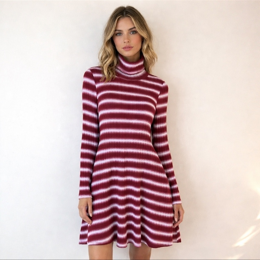 Altar’d State Rayon Stripe Stretch Turtle Neck Long Sleeve Rib Mini Dress Size S - Picture 1 of 15
